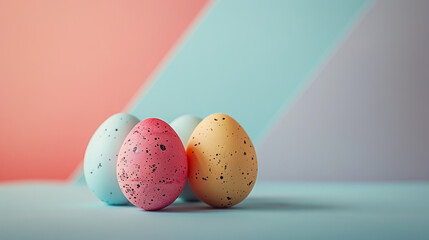  Easter eggs on blank background with pastel colours, leaving ample space for text.