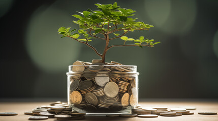 Money Growth: Tree sprouting from a jar with coins, symbolizing financial success and investment in a green economy - obrazy, fototapety, plakaty