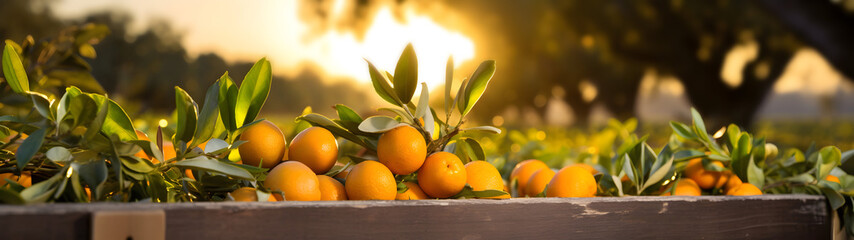 Kumquats harvested in a wooden box with orchard and sunshine in the background. Natural organic fruit abundance. Agriculture, healthy and natural food concept. Horizontal composition, banner.
