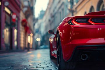 A vibrant red sports car is parked on a bustling city street