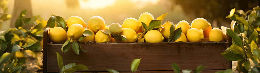 Lemons harvested in a wooden box with orchard and sunshine in the background. Natural organic fruit abundance. Agriculture, healthy and natural food concept. Horizontal composition, banner.