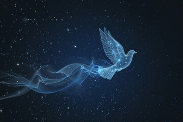 Silhouette of a dove with smoke trail under a starry night peace symbol.