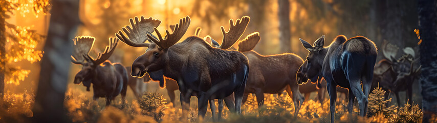 Moose family in the forest in summer evening with setting sun. Group of wild animals in nature. Horizontal, banner.