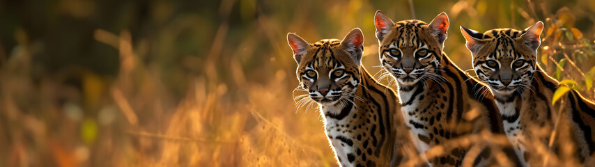 Ocelot family in the savanna with setting sun shining. Group of wild animals in nature. Horizontal, banner.