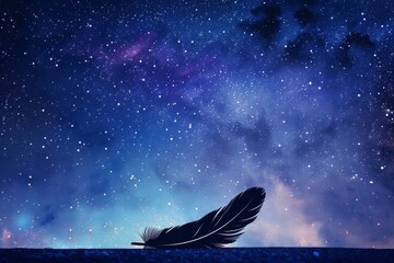 Silhouette of a feather pen with smoke ink under a starry night poetic inspiration. - obrazy, fototapety, plakaty