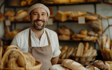 Smiling baker with a beige apron, who recommends the purchase of bread to customers, behind the baker: bread of different type in wicker baskets. - obrazy, fototapety, plakaty