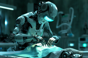 a focused surgeon robot performing an operation, showcasing precision and concentration in a sterile environment,hyper realistic, low noise, low texture, surreal