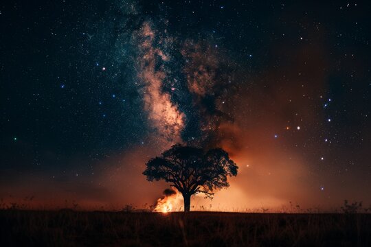 A lone tree silhouette with rising smoke against a backdrop of a starry night sky