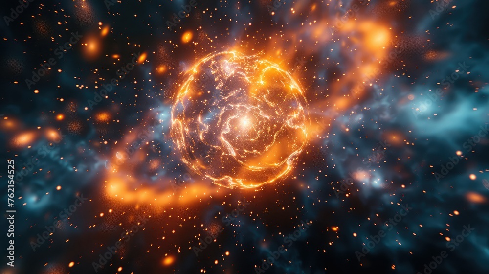 Poster A representation of an atom near other atoms in the galaxy. Generative AI.