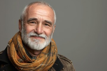 Obraz premium Elderly man smiling at camera. A close-up portrait of an elderly, man with a warm smile, wearing fashionable clothes.