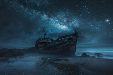 Abandoned shipwreck on a beach with fog and smoke under a starry night sky - obrazy, fototapety, plakaty