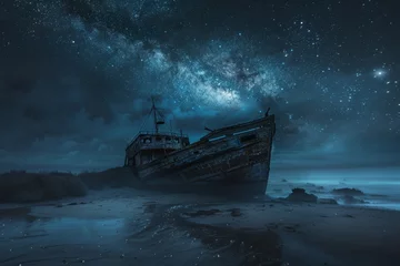 Fotobehang Abandoned shipwreck on a beach with fog and smoke under a starry night sky © furyon