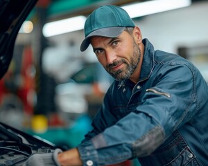 A dedicated repairman in action, hood of the car open as he delves into the mechanics to diagnose and fix the issue, clad in his work uniform within the auto service center