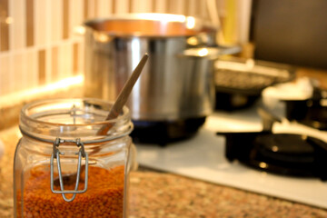 Lentil soup preparation in the kitchen close up view