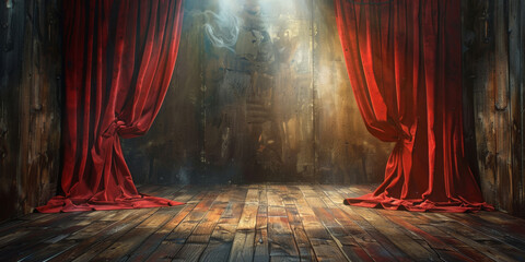 empty theater background with Red stage curtains with a spotlight on a wooden floor,  - obrazy, fototapety, plakaty