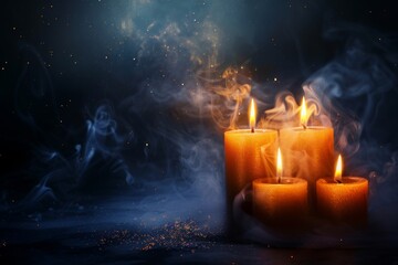 Candles flickering with smoke rising in the tranquility of a starry night - obrazy, fototapety, plakaty