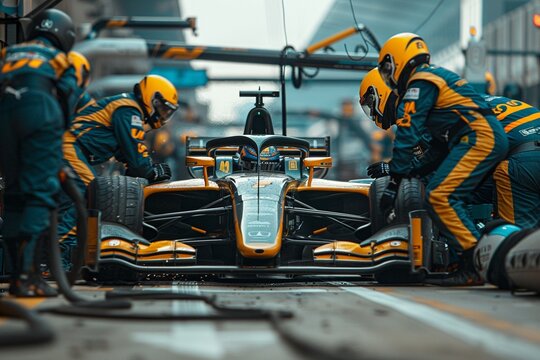 Racing car undergoing maintenance and pit stop with the technical team assisting
