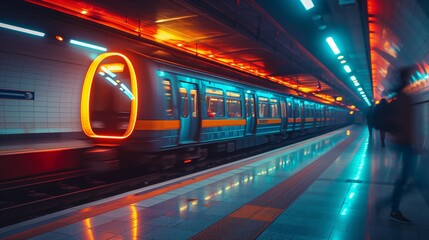 Subway Station With Train on Tracks