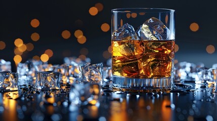 Whiskey glass with ice cubes on plain background - obrazy, fototapety, plakaty