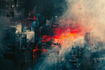 In a hybrid art piece, traditional painting methods blend with digital effects to depict abstract scenarios
