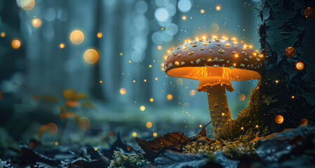 Glowing mushroom on tree in dark forest with fireflies. Generative AI.