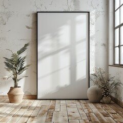 Empty blank empty wall with frame on wooden floor, fine black frame, mockup. Generative AI.