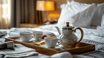 Horizontal AI illustration cozy breakfast in hotel room. Business concept.