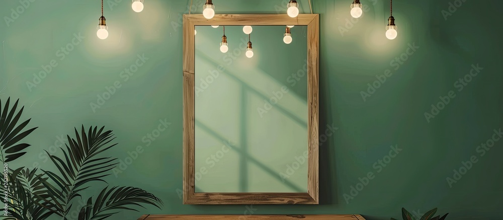 Wall mural a rectangle mirror with lights is hanging on a green wall, complemented by a houseplant in a wooden 