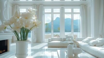 The luxury living room, high ceilings and a built-in fireplace adorn the walls. A luxurious white sofa and a white table with a vase of flowers exude elegance. Generative AI.