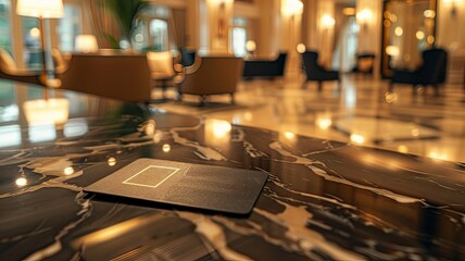 Horizontal AI illustration sophisticated hotel lobby card. Business concept.