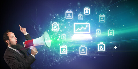 Young person with megaphone and business icon