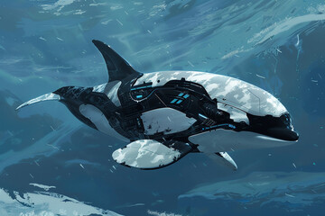An orca pod robot swimming in the cold blue waters of the Arctic, their black and white colors stark against the icy seascape,hyper realistic, low noise, low texture, surreal - obrazy, fototapety, plakaty