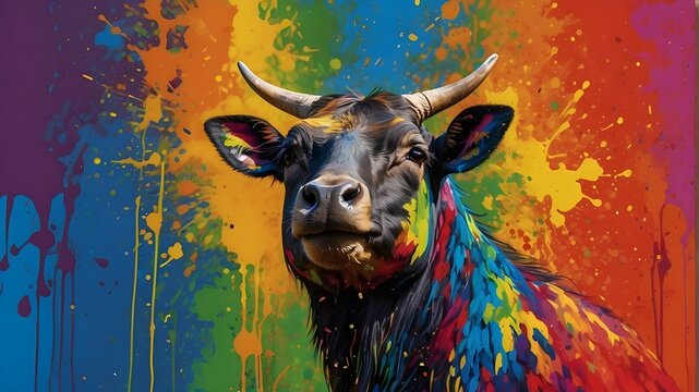 A moose depicted with a paint splash painting technique set against a lively and colorful background. a, moose, depicted, paint, splash, painting, technique, set, lively, colorful, background, deer, 