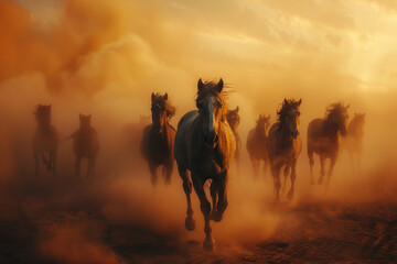 photography of a pack of wild horses robot galloping through a dust cloud in the desert at sunset, conveying wild beauty and untamed spirit,hyper realistic, low noise, low texture, surreal