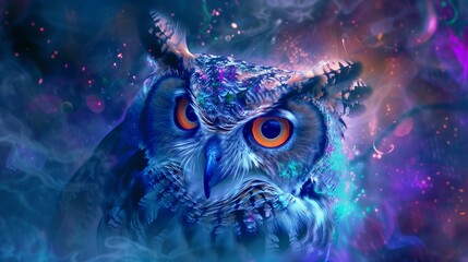 In a mystical forest bathed in moonlight, an owl emerges from the shadows, its feathers adorned with vibrant hues of the aurora borealis. 


