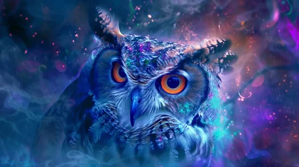 Foto op Aluminium In a mystical forest bathed in moonlight, an owl emerges from the shadows, its feathers adorned with vibrant hues of the aurora borealis.    © Fatima