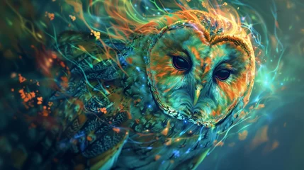 Poster In a mystical forest bathed in moonlight, an owl emerges from the shadows, its feathers adorned with vibrant hues of the aurora borealis.    © Fatima