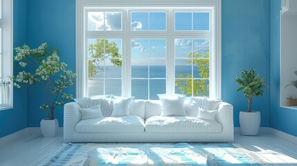 Living room, a window, simple, bright, blue and white, cool color. Generative AI.