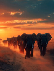 A herd of elephants robot walking through the dusty plains of Africa at sunset, creating a striking silhouette against the glowing horizon,hyper realistic, low noise, low texture, surreal