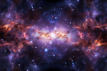 Fototapeta na wymiar Reflective galaxy portrayal with mirror-like stars and nebulae creating symmetrical cosmic patterns.