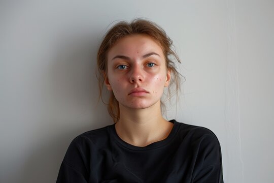A portrait of a sad young woman with no makeup on her face, wearing a black t-shirt standing against a white wall. Caucasian lady with skin irregularities. Unkempt. Messy hair look. CV photo
