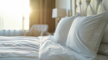 Horizontal AI illustration sun-kissed luxury hotel bed. Business concept.