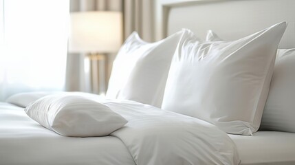 Horizontal AI illustration soft white pillows on pristine bed. Business concept.