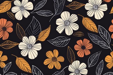 Seamless pattern with minimalist line art flowers and leaves on a black background.