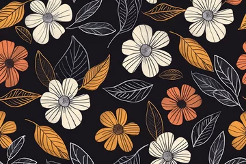 Foto op Plexiglas anti-reflex Seamless pattern with minimalist line art flowers and leaves on a black background. © furyon