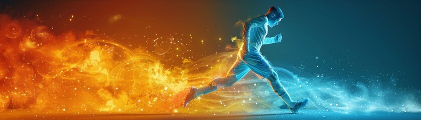 A soccer player is kicking a ball on a field with a blue and orange background - obrazy, fototapety, plakaty