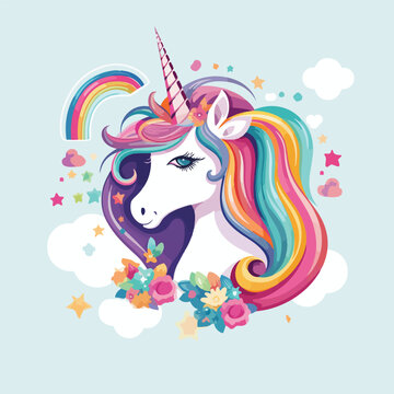 Whimsical unicorn with rainbow sticker illustration