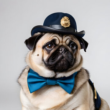 A chubby pug dog wearing detective outfit, isolated on grey background, profile picture