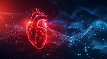 red human heart with electrocardiogram wave, abstract background