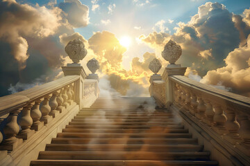 Illustration of a stairway ascending towards heavenly realms with a bright sky, clouds, and sun shining through the stairway. Symbolizing spiritual transcendence and enlightenment.  - obrazy, fototapety, plakaty